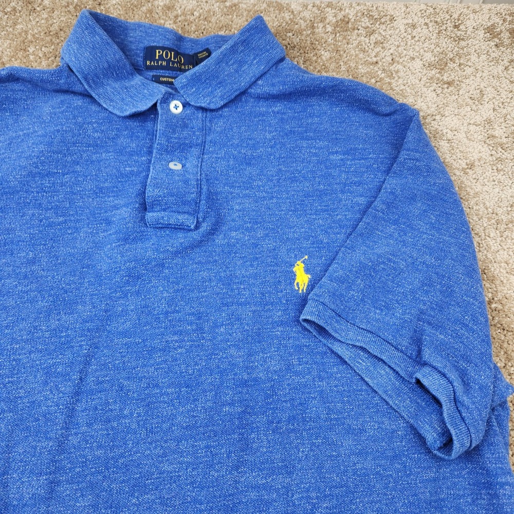 Polo Ralph Lauren Mens XL Custom Fit Blue Heathered Cotton Polo Yellow Pony Logo